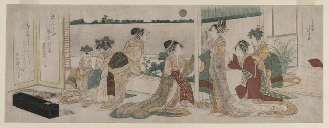 Tsukasa en andere courtisanes van de Ogiya kijken naar de opkomende herfstmaan, 1799