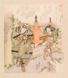 Twee krijgers die een pijp roken bij een brugingang, ca.1825 (kleur houtsnede)