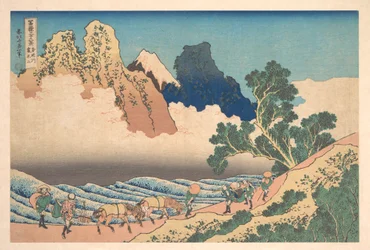 Uitzicht op de andere kant van de Fuji vanaf de Minobu-rivier (Minobugawa ura Fuji), uit de serie „Zesendertig uitzichten op de berg Fuji“ (Fugaku sanjūrokkei)