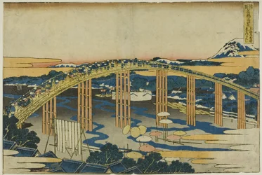 Yahagi brug bij Okazaki op de Tokaido (Tokaido Okazaki Yahagi no hashi), uit de serie "Ongebruikelijke uitzichten op beroemde bruggen in verschillende provincies (Shokoku meikyo kiran)".