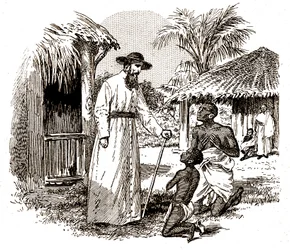 Een katholieke missionaris in Afrika die een kind en zijn vader bekeert