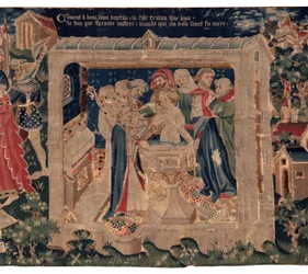 Geschiedenis van Sint Piat en Sint Eleuthère, ook wel wandtapijt van Arras genoemd. Besteld door kanunnik Toussaint Prier, kapelaan van de hertog van Bourgondië, eind 14e-begin 15e eeuw. 22m x 2m. Detail