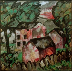 Landschap met drie rode huizen