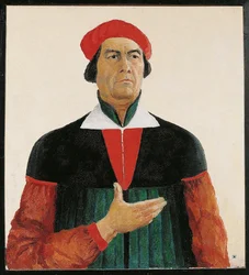 Geperfectioneerd portret van Ivan Kljun, schilder, leerling van Malevich, lid van de groep Supremus (schilderij op doek)