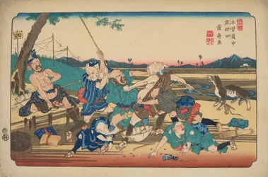 Iwamurata, gevecht van blinden, blad 23 uit de serie: Negenenzestig stations van de Kisokaido-weg / Kisokaido rokujukyu tsugi