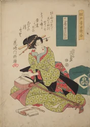 Vrouw die een snaar op een shamisen zet, uit de serie: Muziekwedstrijd in Edo voor shamisen-spel - Edo ongyoku uta-awase