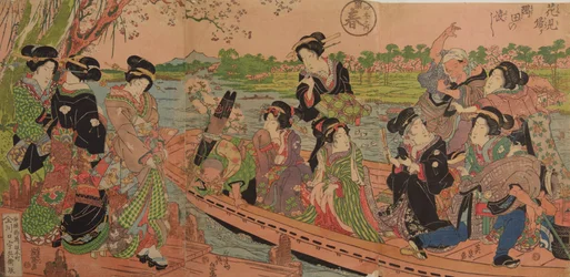 Veerpont op de rivier de Sumida - Terugkeer van hanami bij de Sumida-oversteek, uit de serie: Vier seizoenen; Lente