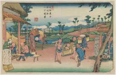 Nummer 9: Gezicht op de Hatchō-dijk bij station Kumagaya, uit de serie „Langs de Kiso-weg”
