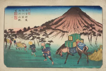 Oiwake, reizigers met een paard die een berg passeren, plaat 22 uit de serie: De negenenzestig stations van de Kisokaido-weg