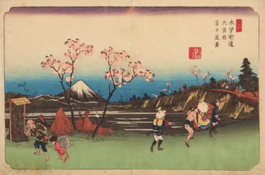 Omiya, roze bomen langs de weg, plaat 5 uit de serie: Negenenzestig stations van de Kisokaido-weg