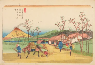 Panorama van de berg Asama vanuit Urawa / Urawa no shuku Asamayama ento, plaat 3 uit de serie: Kisokaido-weg / Kisoji-no eki