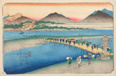 Oversteek van de rivier Shinjugawa in Honjo / Honjo shuku Shinjugawa watashiba, plaat 10 uit de serie: Kisokaido-weg / Kisoji-no eki