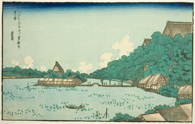 Toeizan Tempel gezien vanaf Shinobazu Benten Shrine in Edo (Edo Shinobazu Benten yori Toeizan o miru zu), uit een serie beroemde plaatsen in Edo met frames van westerse letters