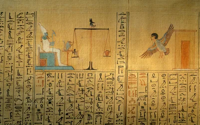 Papyrus uit het graf van Maiherpri; Vallei der Koningen; Ba verlaat graf; weging van het hart