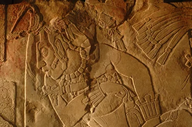 Tempel 19 troonbank, Palenque, Mexico, gravure van Akhal Mo Nab, 2005