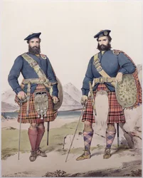 Twee mannen in Highland-kleding, gegraveerd door Vincent Brooks, 1868