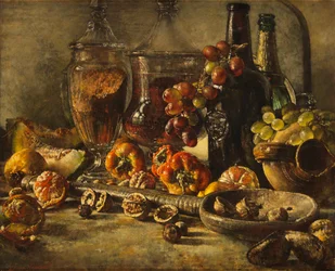 Stilleven met Fruit, Noten en Flessen