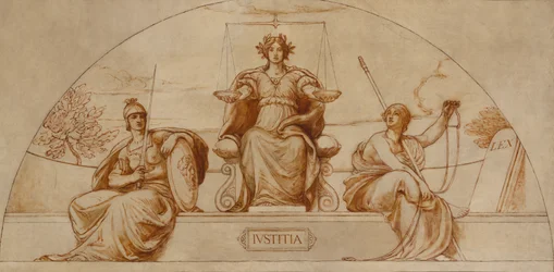 Cartoon voor muurschildering van Minnesota State Capital, Instituut voor Justitie, ca. 1904