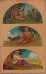 De vooruitgang van de beschaving: Jagen, hoeden, landbouw (muurschildering, State Capitol, Des Moines, Iowa)