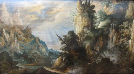 Een berglandschap met een waterval