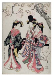 Drie courtisanes wandelen onder een bloeiende kersenboom. Gekleed in hofkostuum, ca. 1790-1815 (houtsnede op papier)