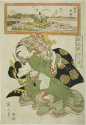 Neerdalende ganzen bij Katada (Katada rakugan), uit de serie "Modieuze acht uitzichten van Omi (Furyu Omi hakkei)"