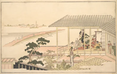Een Feestvierende Groep in een Huis in de Yoshiwara op een Maanlichte Nacht, 1789