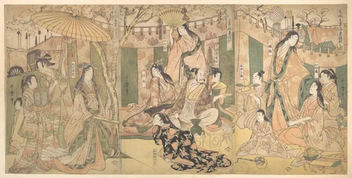 Een blik op de genoegens van de Taiko en zijn vijf vrouwen in Rakutō