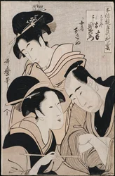 Een drievoudig portret van Ohan van de Shinanoya, Choemon en zijn vrouw Okinu, uit de serie "Modellen van liefdespraat: Wolken vormen zich over de maan", ca. 1798-1800