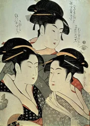 Close-up van een schilderij van drie vrouwen, Kitagawa Utamaro, Kansei periode, Japan