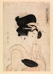 Courtisane met een sakekopje, ca.1790-1806 (kleur houtsnede)