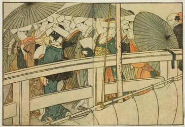 Een Brug Oversteken in de Zomer, uit het geïllustreerde boek "Prentenboek: Bloemen van de Vier Seizoenen (Ehon shiki no hana)," deel 1