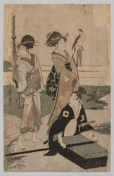 Daimyo en zijn gevolg steken een stroom over in de vlakte bij Fuji