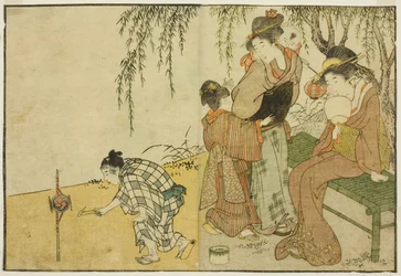 Genieten van vuurwerk, uit het geïllustreerde boek "Prentenboek: Bloemen van de vier seizoenen (Ehon shiki no hana)," deel 1