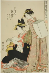Hanamurasaki van de Tamaya, (kamuro:) Shirabe, Teriha, bloemen uit de serie Sneeuw, Maan en Bloemen in Yoshiwara (Seiro setsugekka) (Tamaya uchi Hanamurasaki, Shirabe, Teriha)