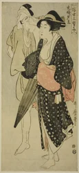 Man en vrouw gevangen in een avondbui, uit de serie "Drie avondgenoegens van de drijvende wereld"