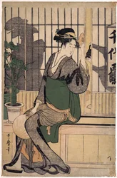 Het Chiyozuru-theehuis (schaduwen op de shoji) door Kitagawa Utamaro (1753-1806)
