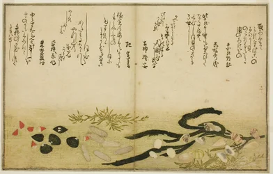Minashi-gai, shio-gai, katatsu-gai, miso-gai, chijimi-gai, en chigusa-gai uit het geïllustreerde boek Geschenken van de Eb (Shiohi no tsuto)