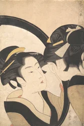 Naniwa Okita bewondert zichzelf in een spiegel, ca. 1790-95