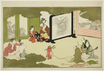 Optreden van een Getrainde Aap, uit een geïllustreerde poëziebundel getiteld "De Jonge God Ebisu (Waka Ebisu)"