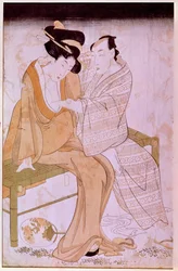Voorstelling van een Japans koppel dat elkaar streelt op een bank