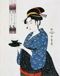 Theetijd, Ukiyo-e houtsnede, door Kitagawa Utamaro (1753-1806), Edo periode (1603-1868), Japan