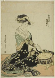 De courtisane Kisegawa van de Matsubaya, uit een ongetitelde serie courtisanes van de Matsubaya als vijf muzikanten