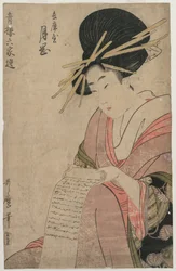 De courtisane Tsukioka van Hyogoya rolt een brief, late 1790s