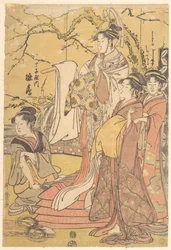 De oiran Hinazuru van Chojiya staand op een stapel futons