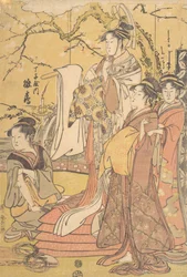 De Oiran Hinazuru van Chojiya staand op een stapel futons, ca. 1794