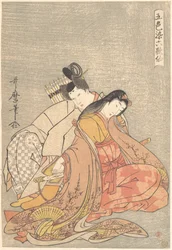 „De dichter Ariwara no Narihira (825-880) en Ono no Komachi”, uit de serie Vijf kleuren van de liefde voor de zes onsterfelijke dichters (Goshiki-zome rokkasen)