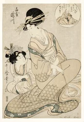 De courtisane Takigawa en haar bediende van de Ogiya in verwijzing naar de dichter, 1800-02