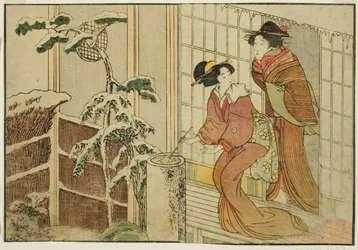 Twee vrouwen op veranda op een sneeuwachtige ochtend, uit het geïllustreerde boek "Prentenboek: Bloemen van de vier seizoenen (Ehon shiki no hana)," deel 2