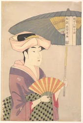 "Vrouw die een parasol omhooghoudt" uit de serie "Tien typen vrouwenfysiognomie" (Fujo ninsō juppen: Higasa o sasu onna)